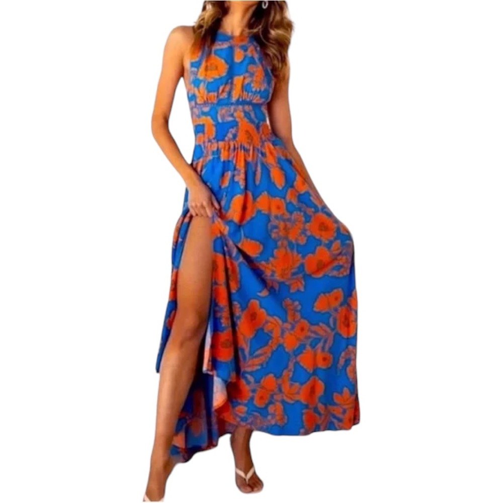 Abel the Label Charlie Floral Cutout Halter Maxi Dress - Blue Orange - Medium